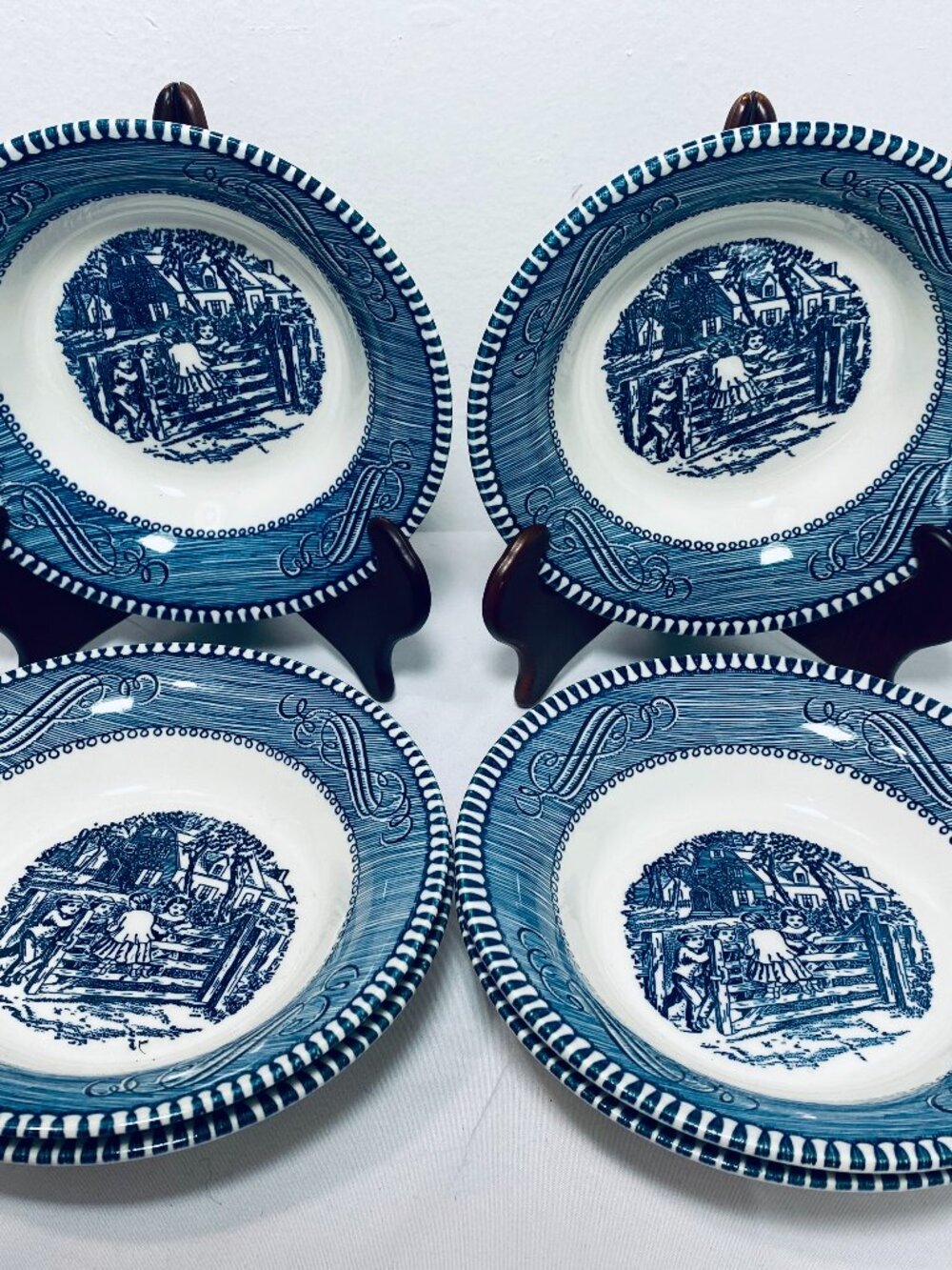 (6) VNTG Currier & Ives Royal Blue Berry/Dessert Bowls 6.5" "The Old Farm Gate"